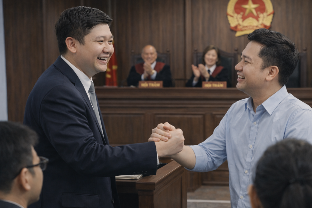 hình ảnh ăn mừng chiến thắng cùng thân chủ